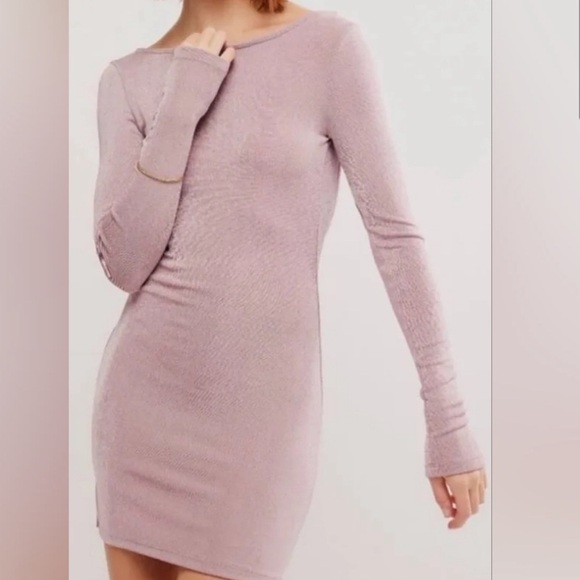 NWT Free People Call Me Later Long Sleeve Backless Mini Dress In Dawn Pink - Picture 1 of 2